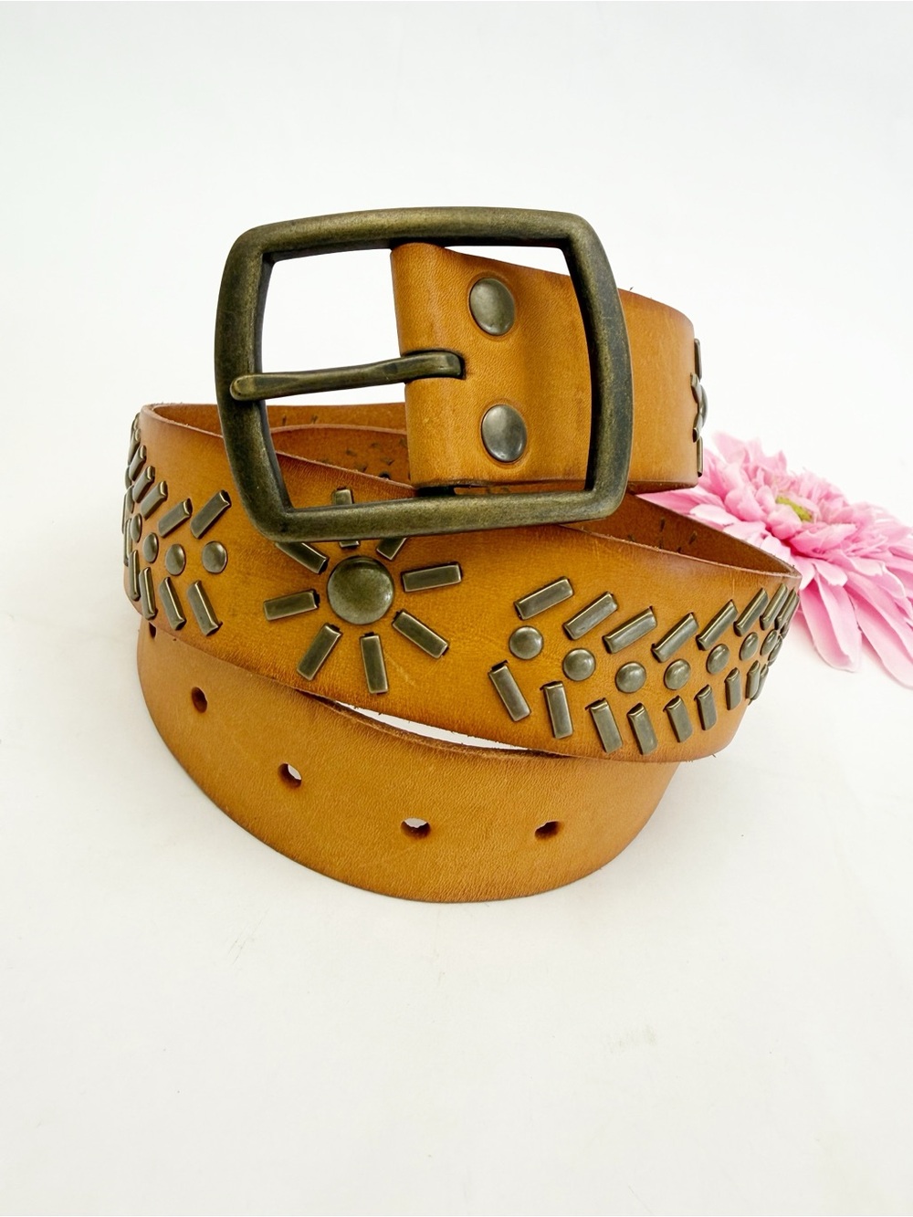 Linea Pelle Studded Leather Belt Tan Cognac Solid Brass Embellishments Boho